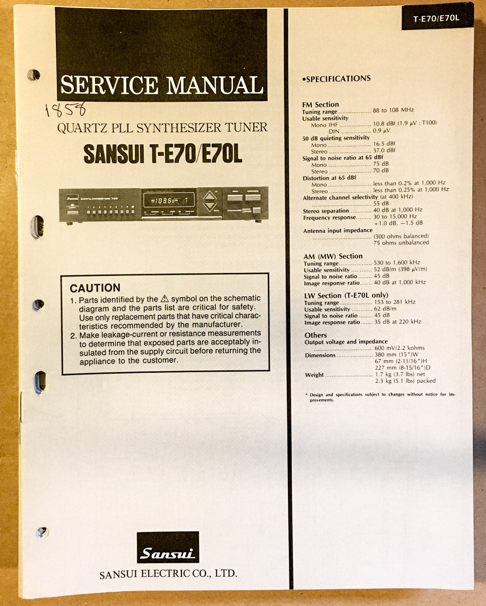 Sansui T-E70 Tuner Service Manual *Original*