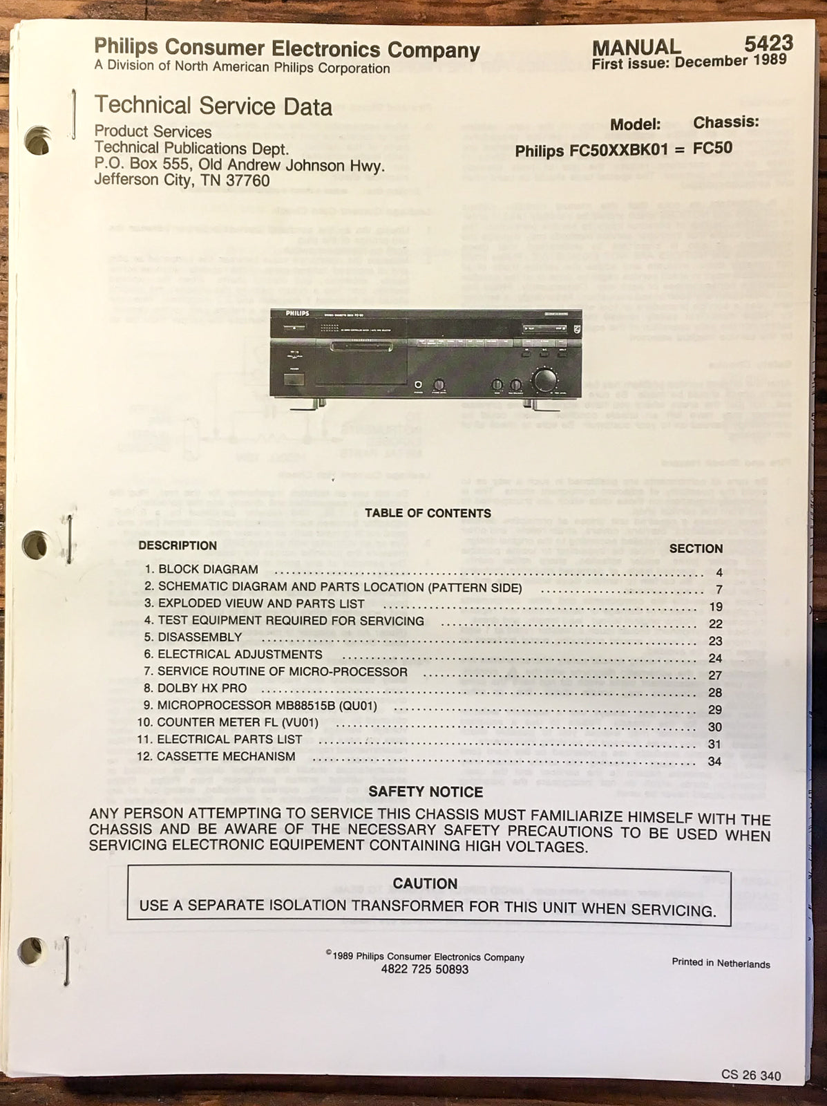 Philips FC-50 Cassette Service Manual *Original*