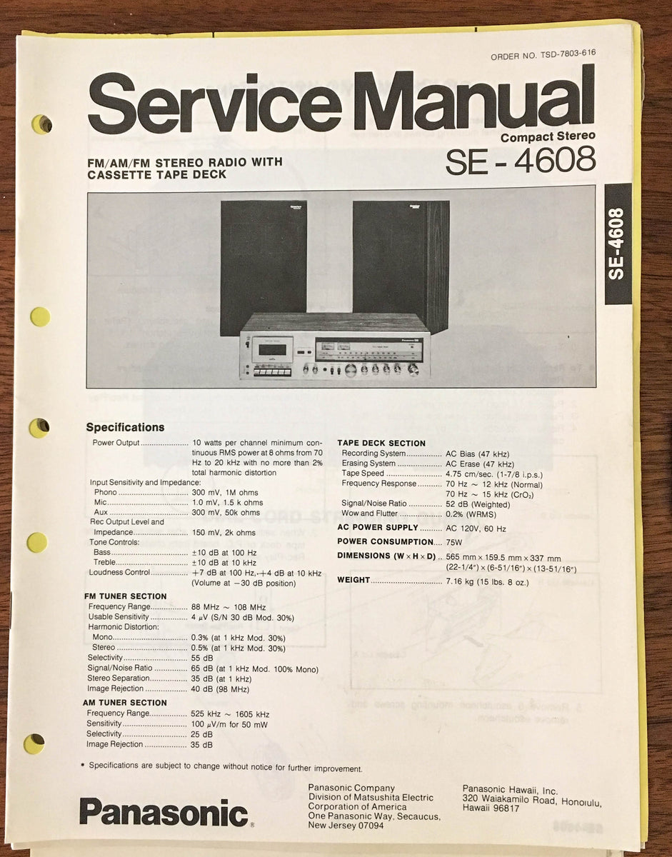 Panasonic SE-4608 Radio Cassette Service Manual *Original* – Vintage Audio  Store - Vintage Service Manuals, Stereo Brochures and Parts