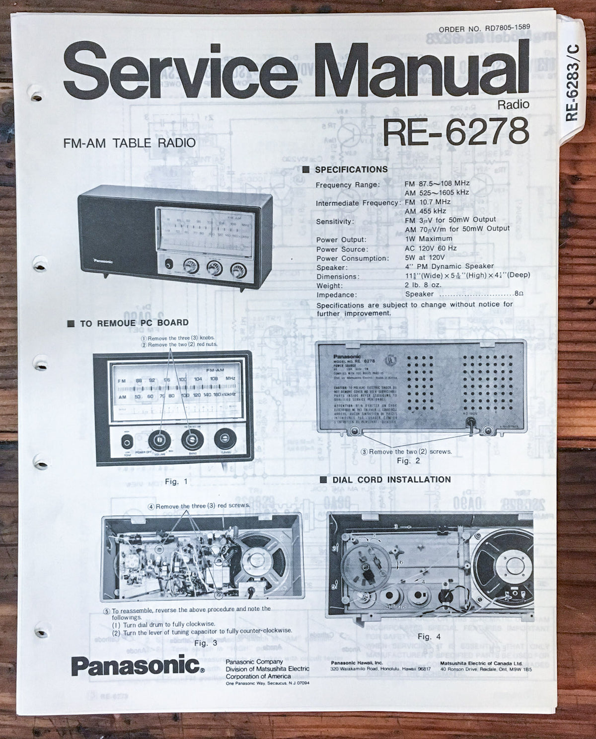 Panasonic RE-6278 Radio Service Manual *Original*