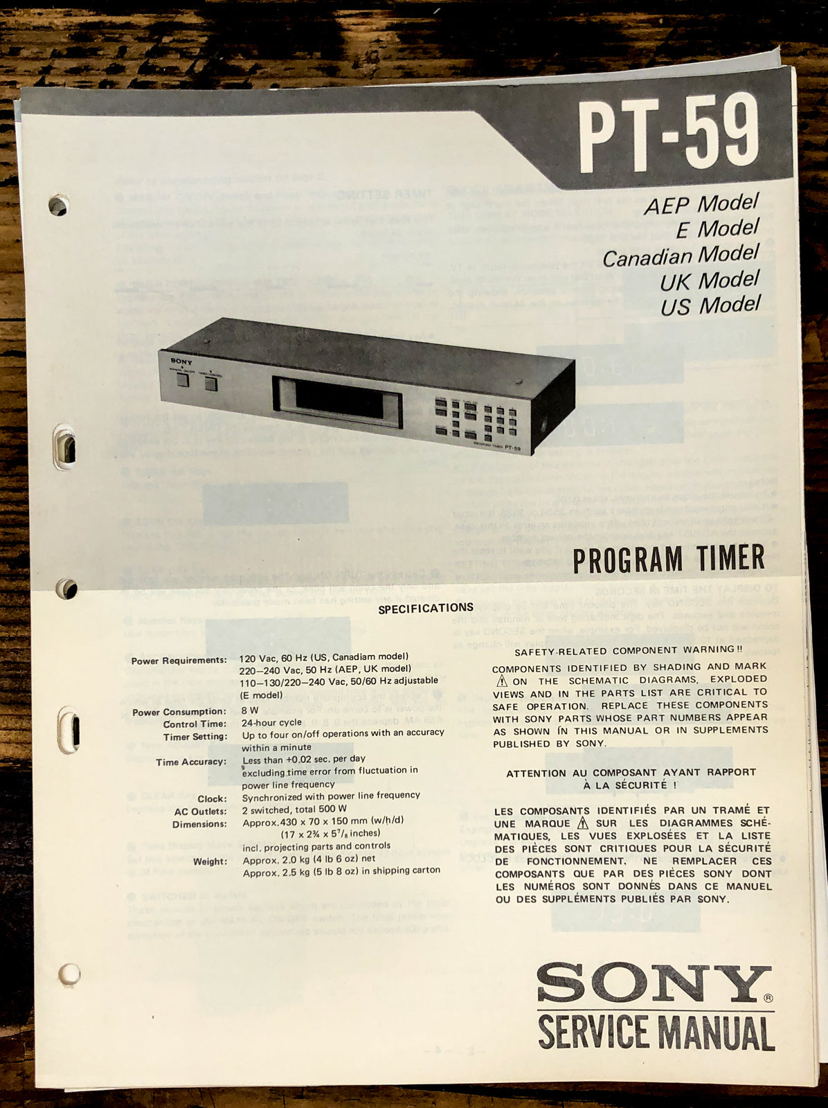 Sony PT-59 Timer Service Manual *Original*