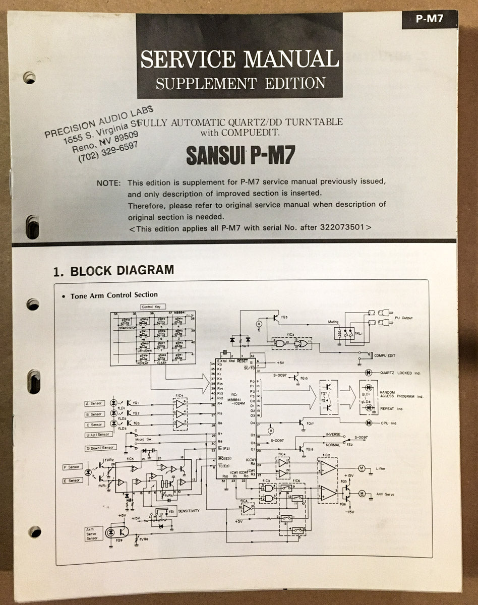 Sansui P-M7 Record Player / Turntable Service Manual Supplement *Original*