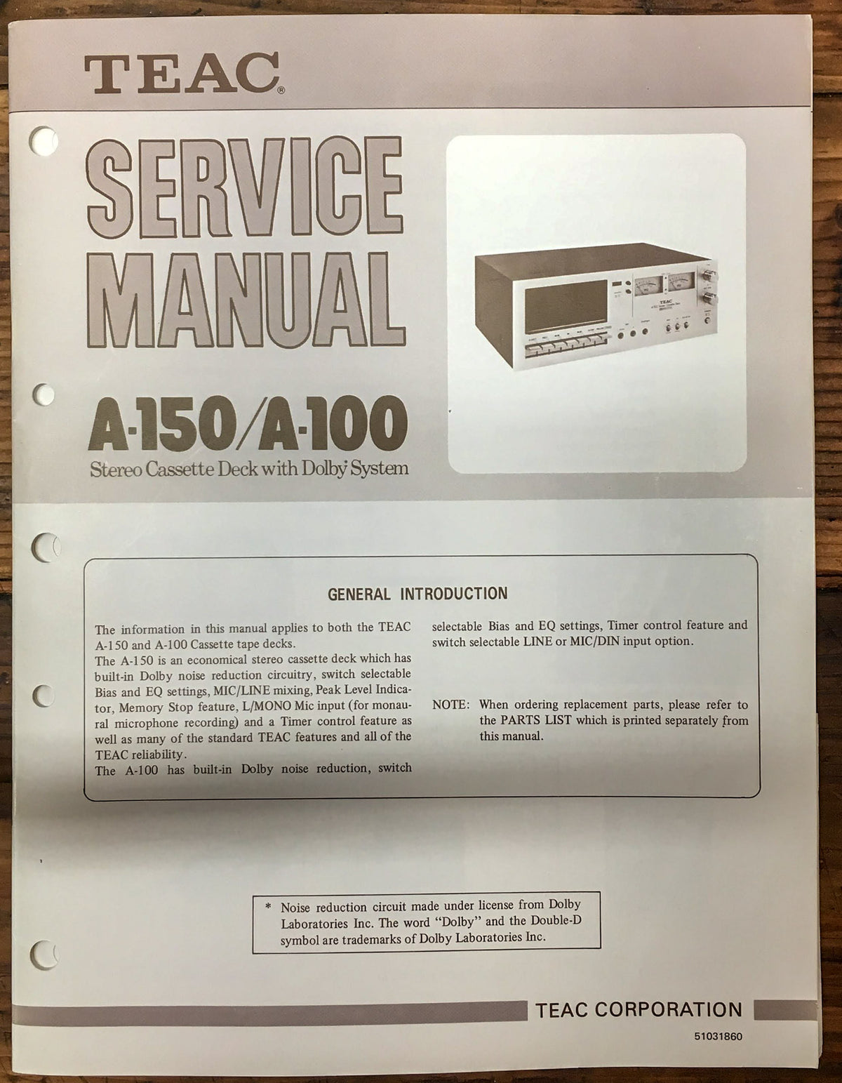 Teac A-100 A-150 Cassette Deck Service Manual *Original*