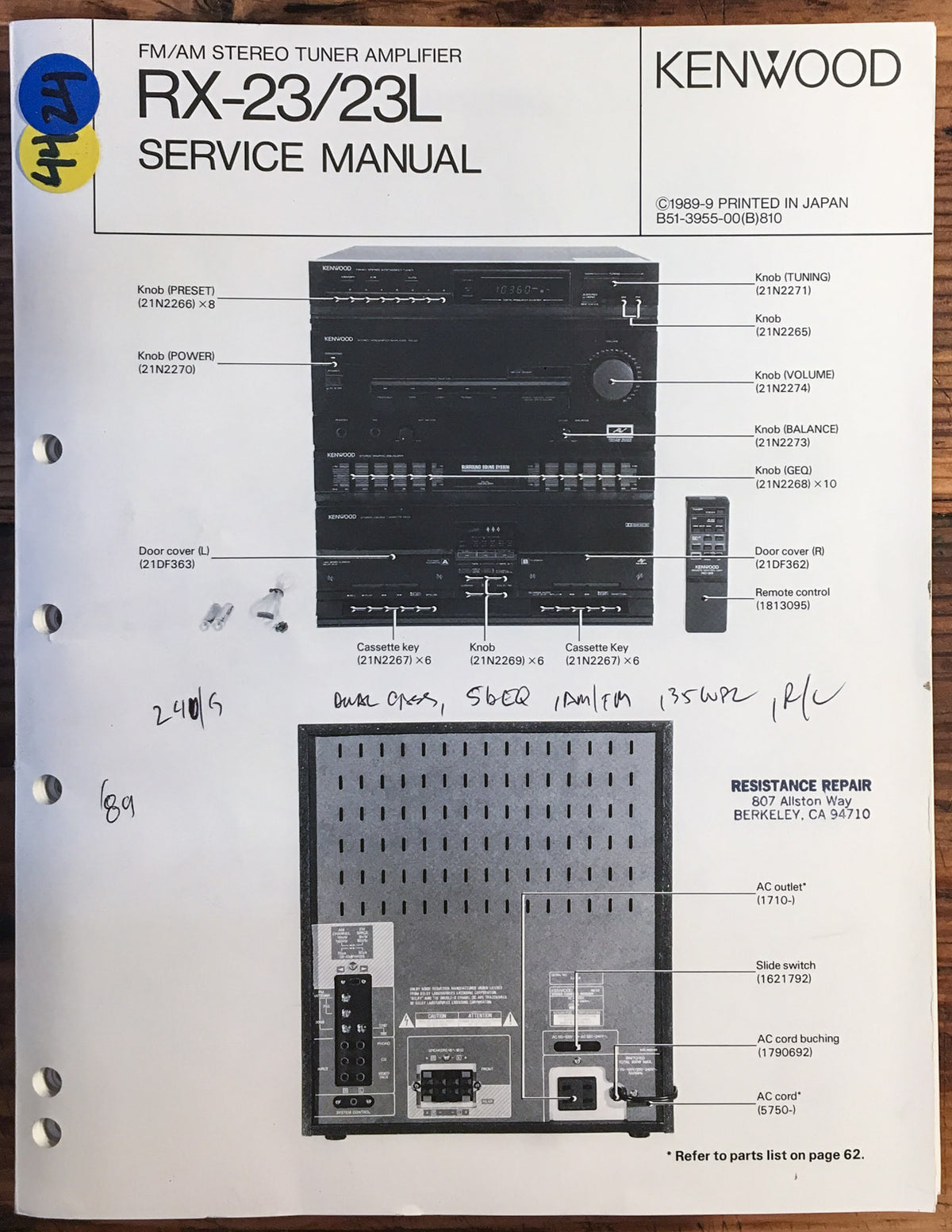Kenwood RX-23 Stereo Service Manual *Original*