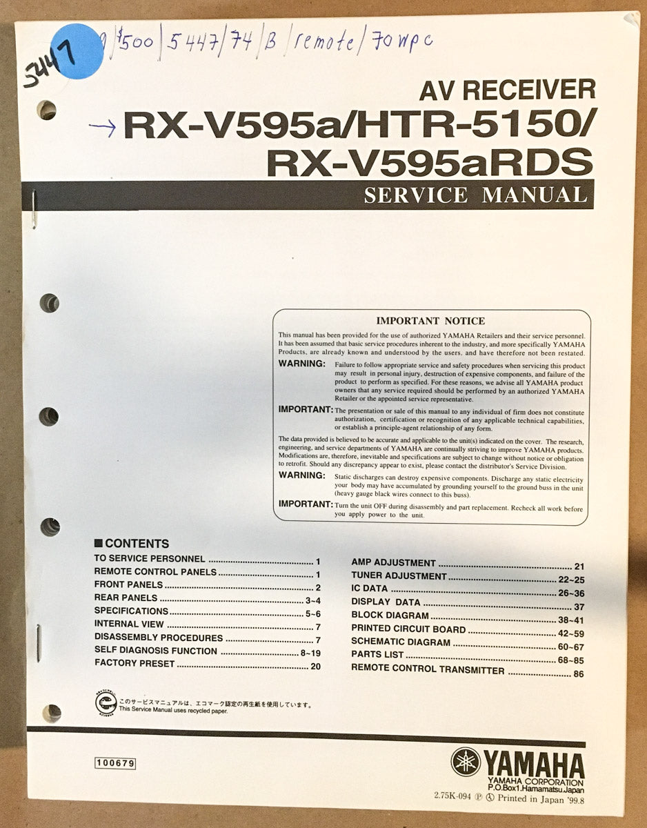 Yamaha RX-V595a HTR-5150 RX-V595 Receiver Service Manual *Original