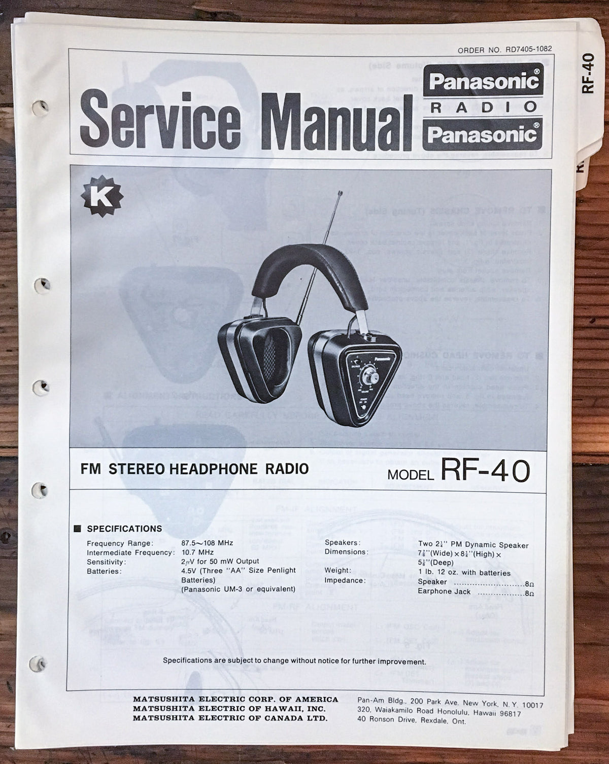 Panasonic RF-40 Headphone Radio Service Manual *Original*