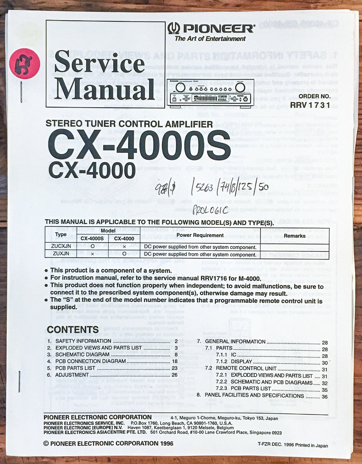 Pioneer CX-4000S CX-4000 Preamp / Preamplifier Service Manual *Original*