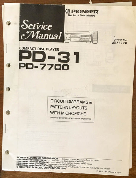 Pioneer PD-31 PD-7700 CD Player Service Manual Notice *Original*