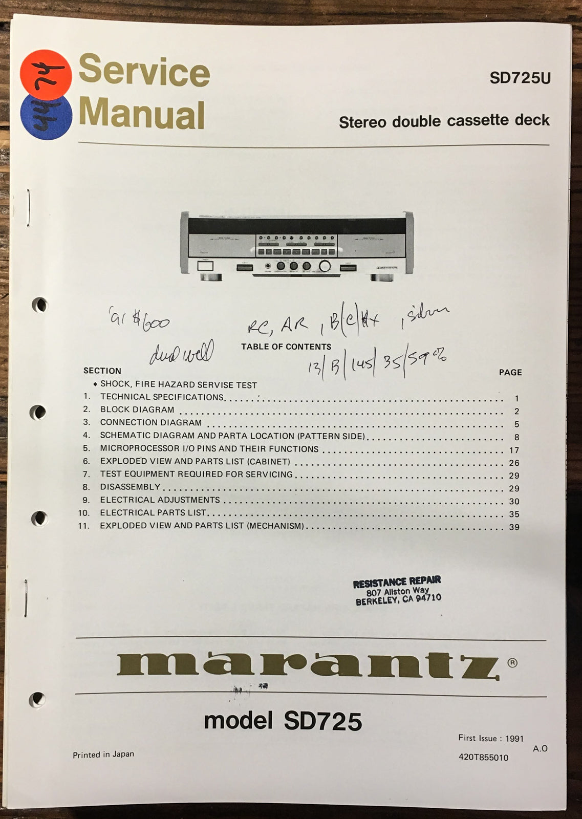 Marantz SD-725U SD 72 5U Cassette Service Manual *Original*