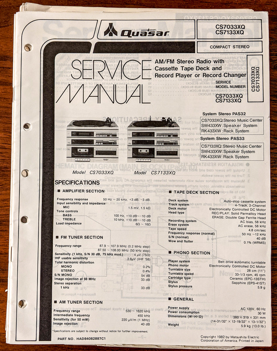 Quasar CS7033XQ CS7133XQ Stereo Service Manual *Original*