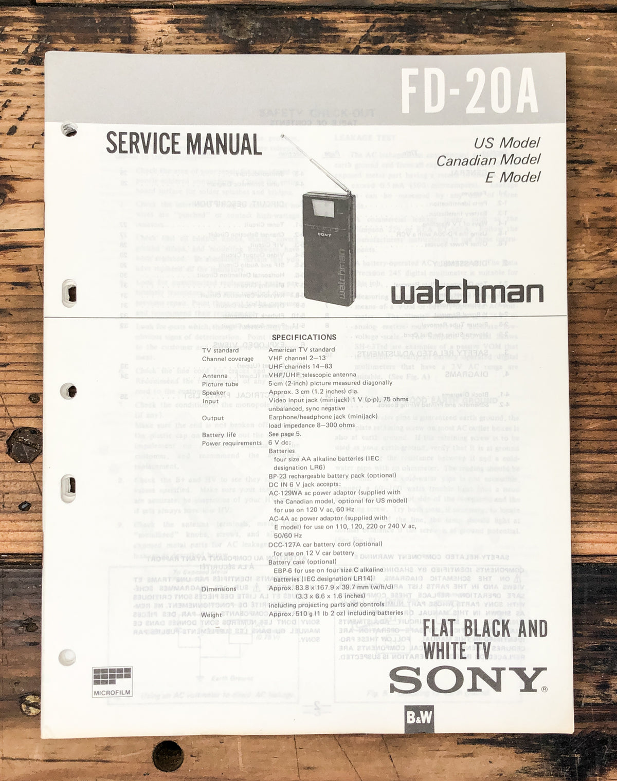 Sony FD-20A TV Service Manual *Original* #1