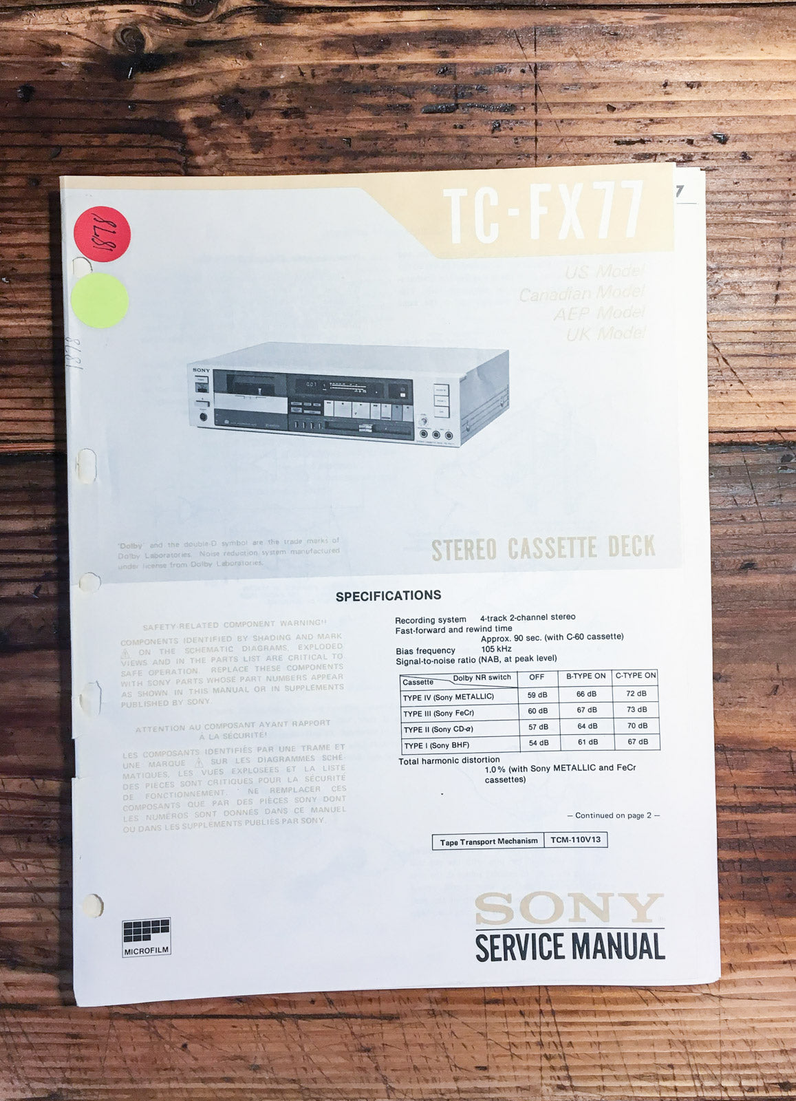 Sony TC-FX77 Cassette Deck Service Manual *Original*
