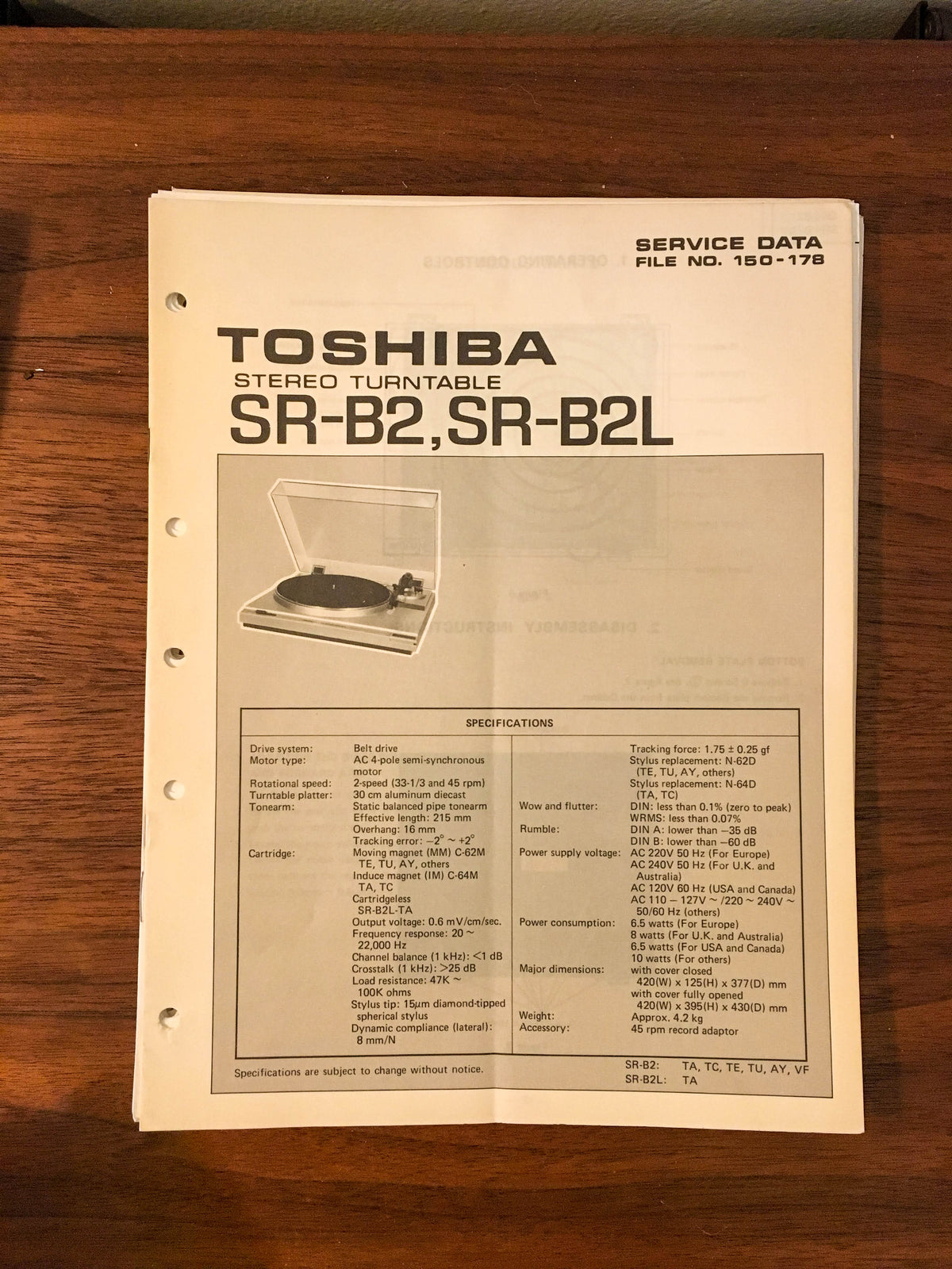 Toshiba SR-B2 SR-B2L Record Player / Turntable Service Manual *Original*