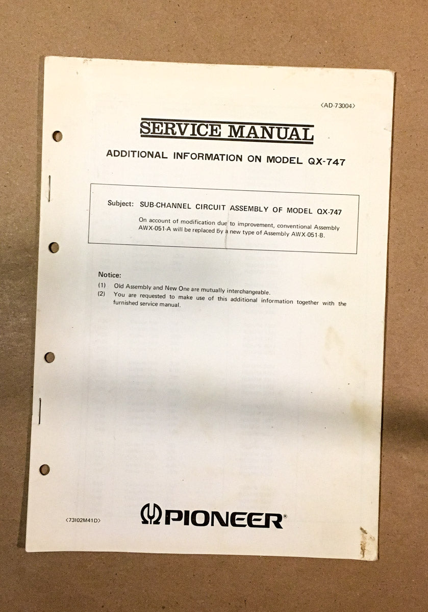 Pioneer QX-747 Receiver Addtl. Service Manual *Original*