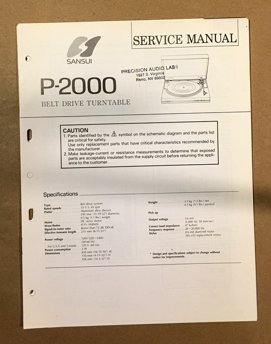 Sansui P-2000 Record Player / Turntable Service Manual *Original*