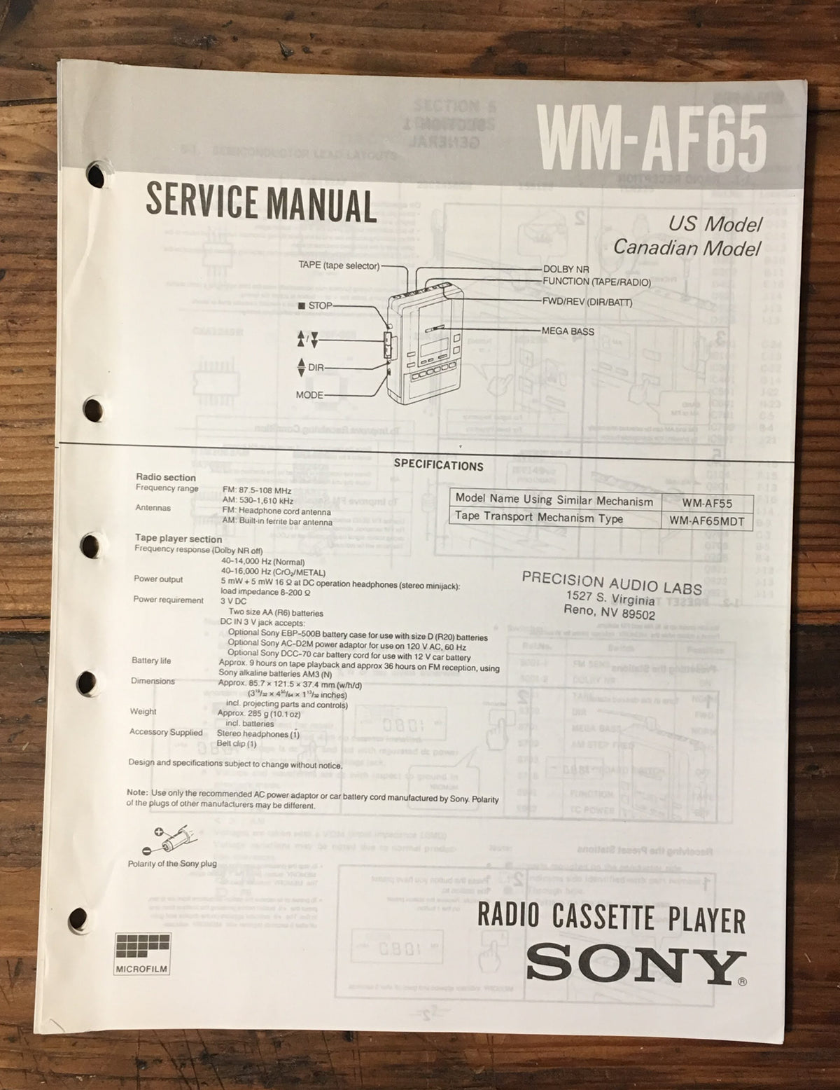 Sony WM-AF65 Cassette Service Manual *Original*