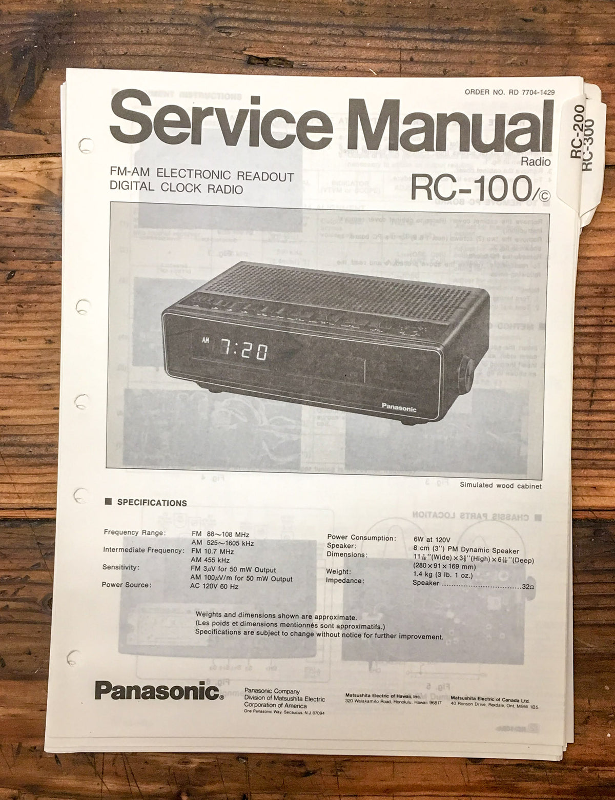 Panasonic RC-100 Radio Service Manual *Original*
