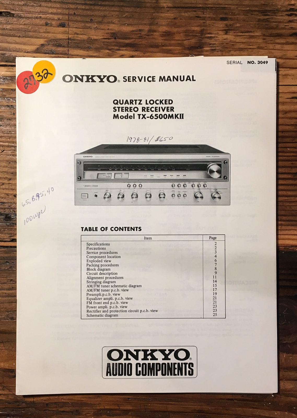 Onkyo TX-6500 MKII Receiver Service Manual *Original*