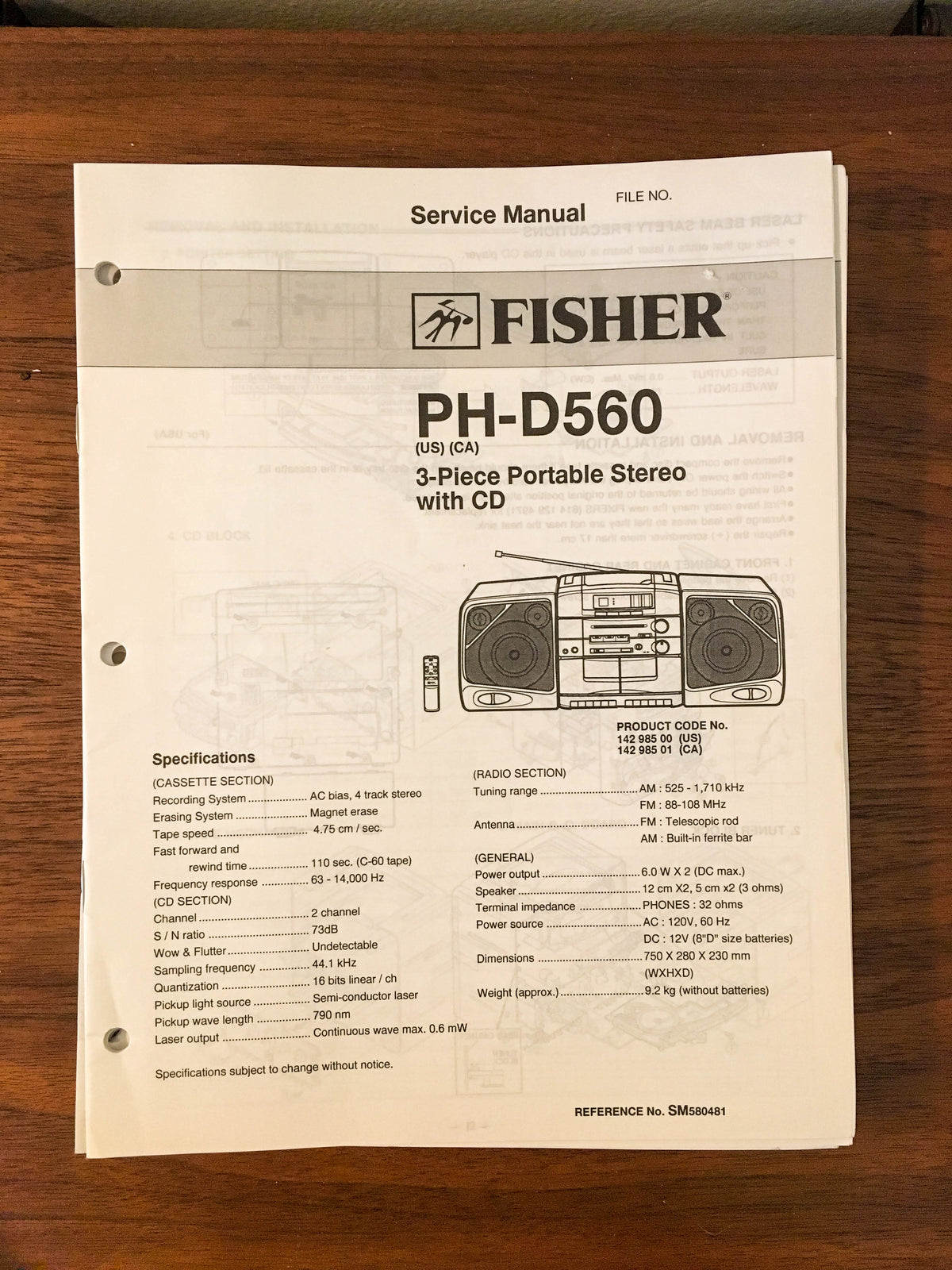 Fisher PH-D560 Boombox Radio Service Manual *Original*