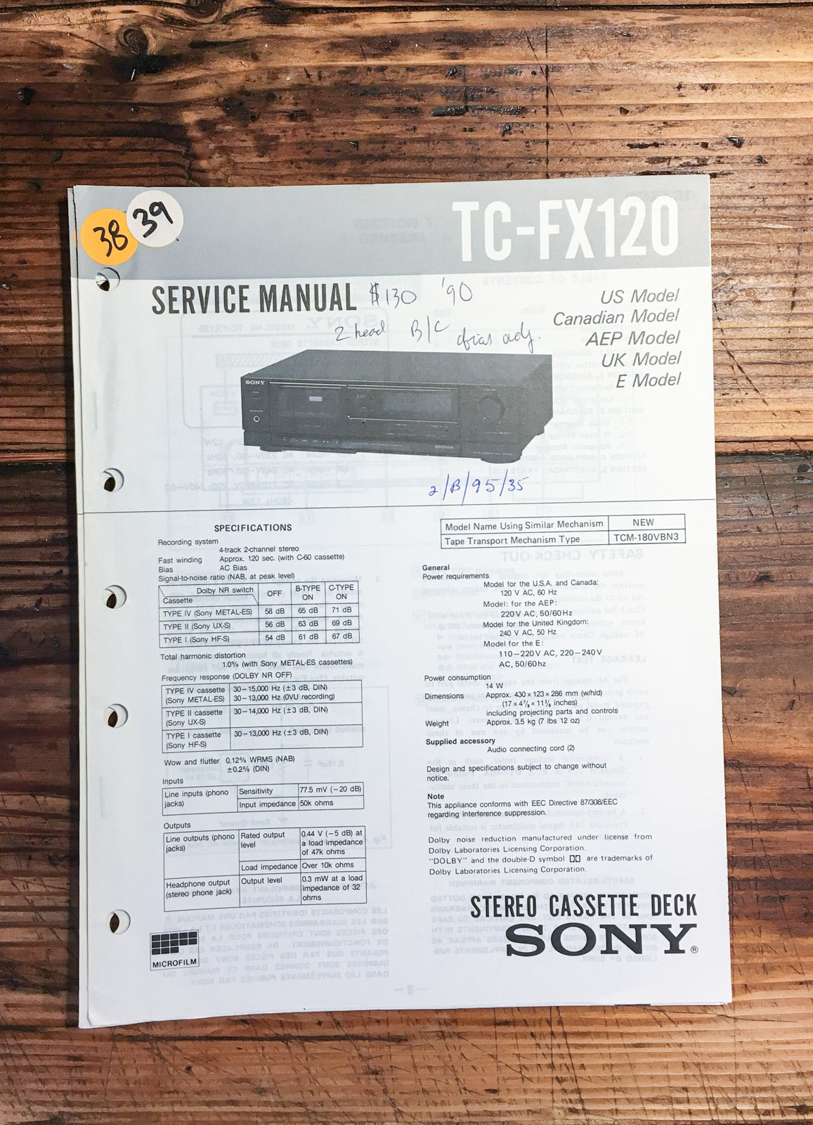 Sony TC-FX120 Cassette Deck Service Manual *Original*