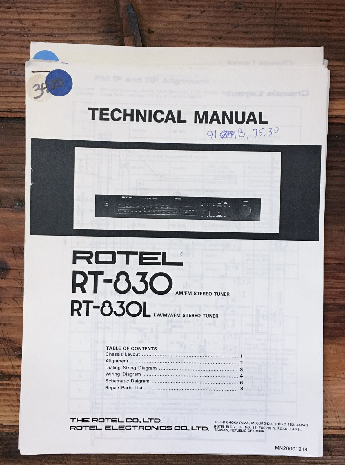 Rotel RT-830 RT-830L Tuner Service Manual *Original*