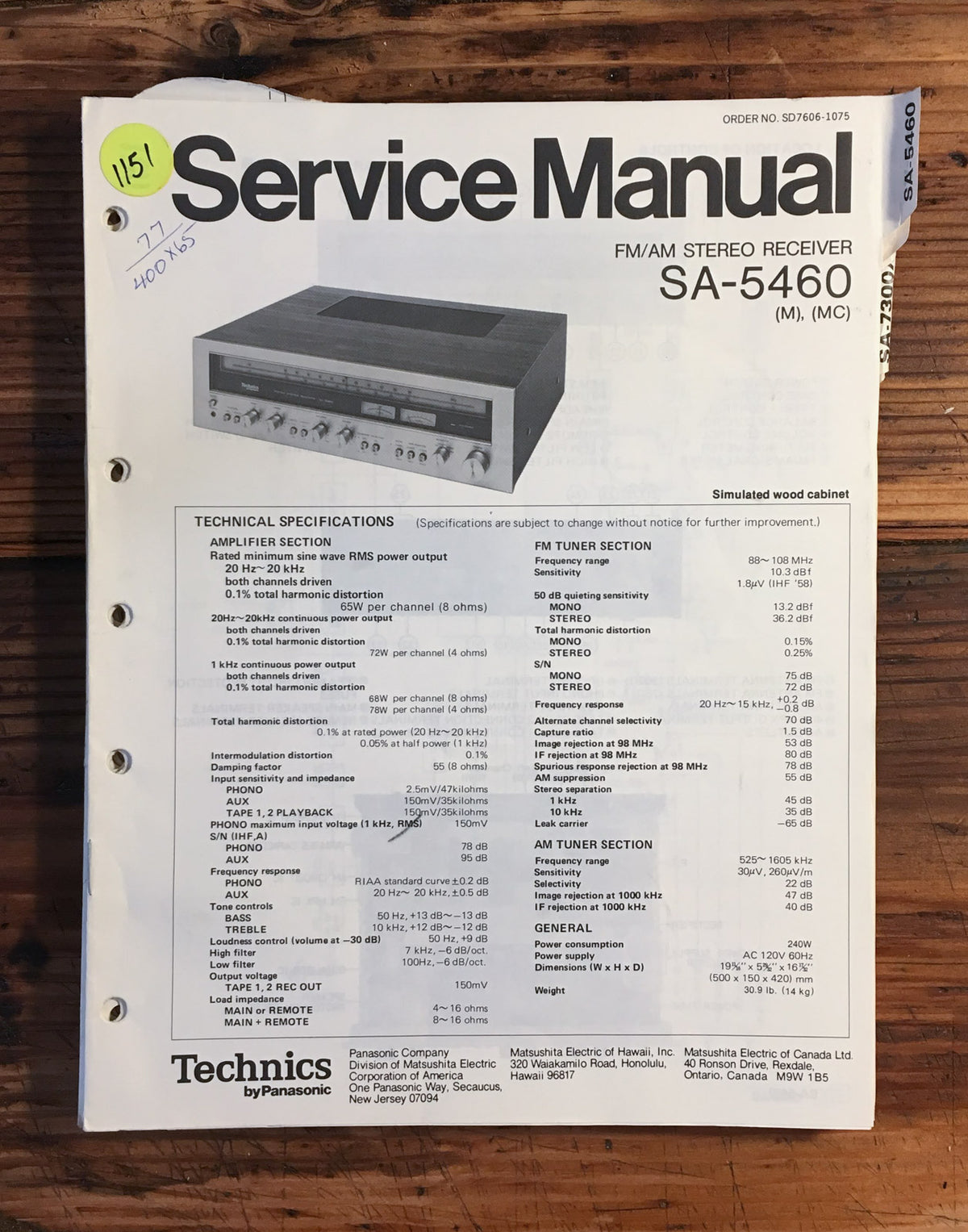 Technics SA-5460 Receiver Service Manual *Original*