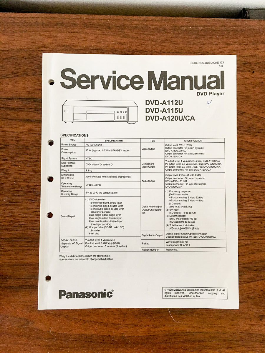 Panasonic DVD-A112U A115U A120U DVD Player Service Manual *Original*