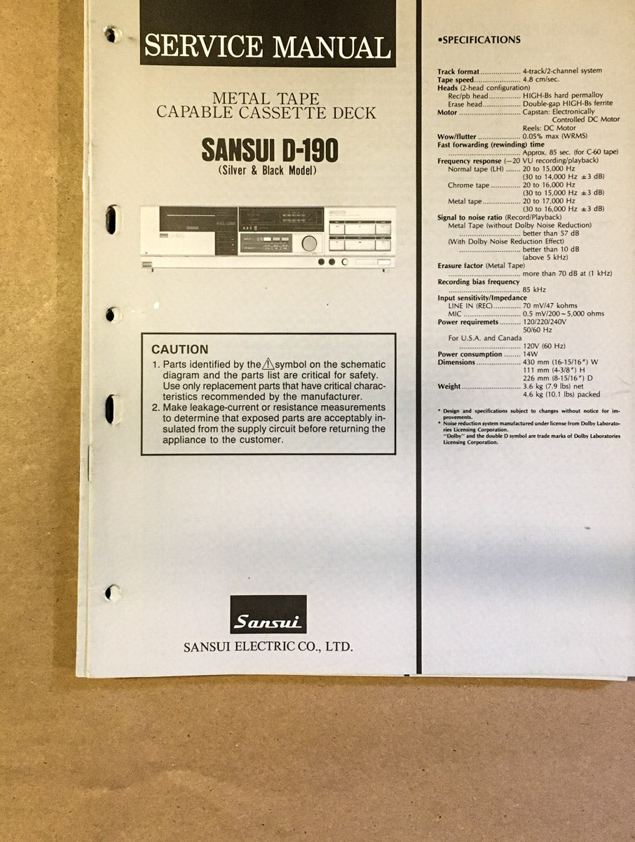 Sansui D-190 Cassette / Tape Player Service Manual *Original* #2