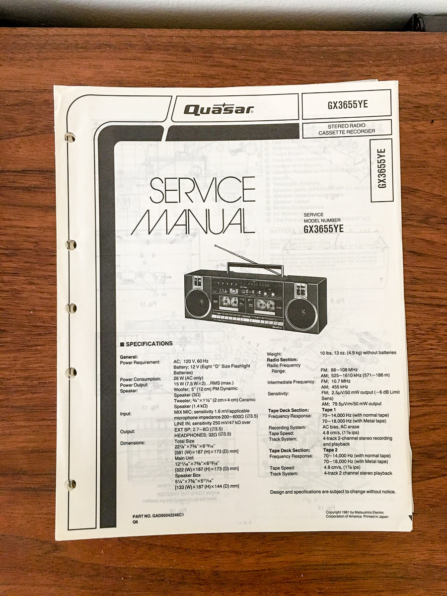 Quasar GX3655YEGX-3655 YE Portable Stereo / Radio Service Manual *Original*
