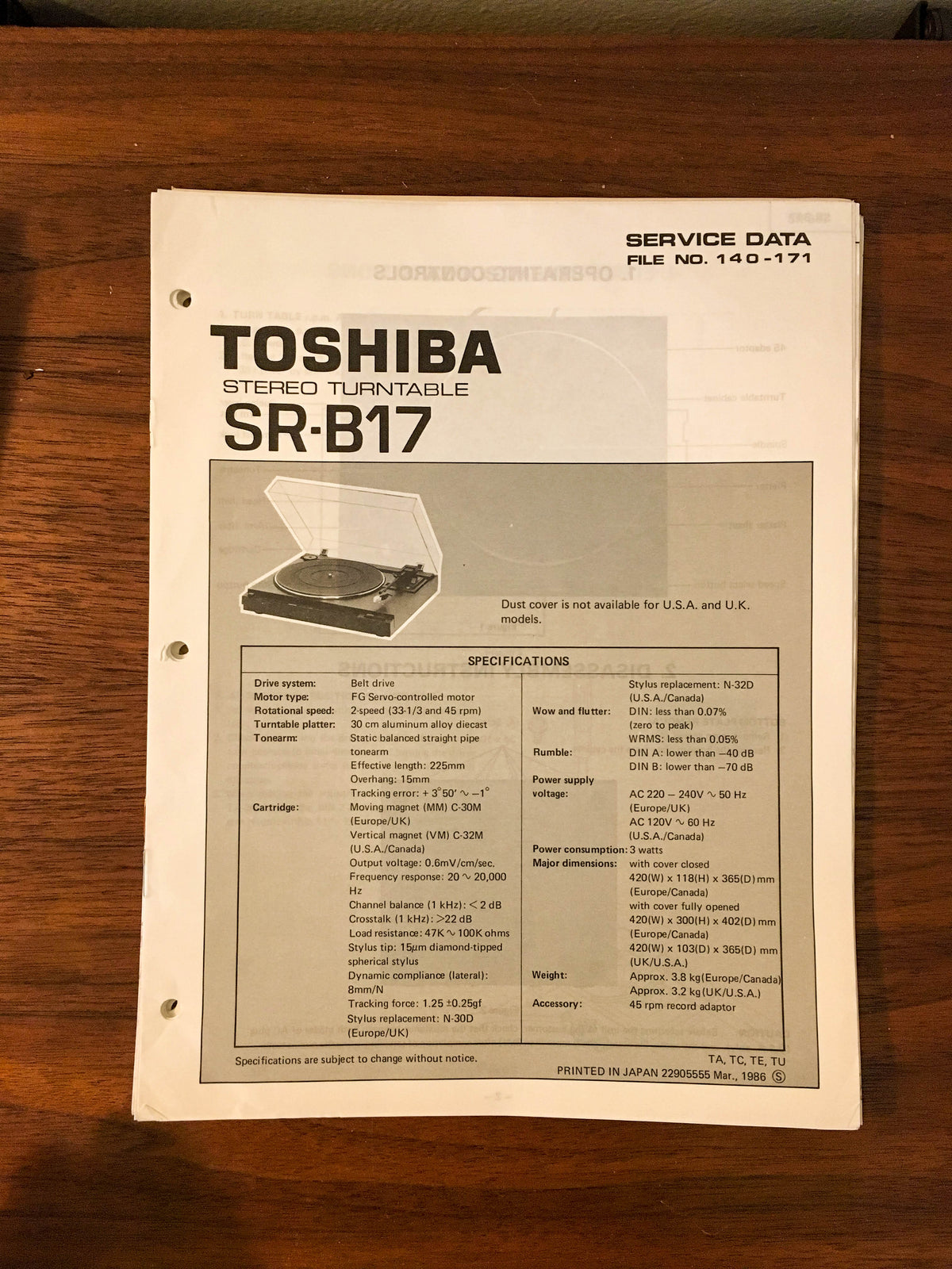 Toshiba SR-B17 Record Player / Turntable Service Manual *Original*