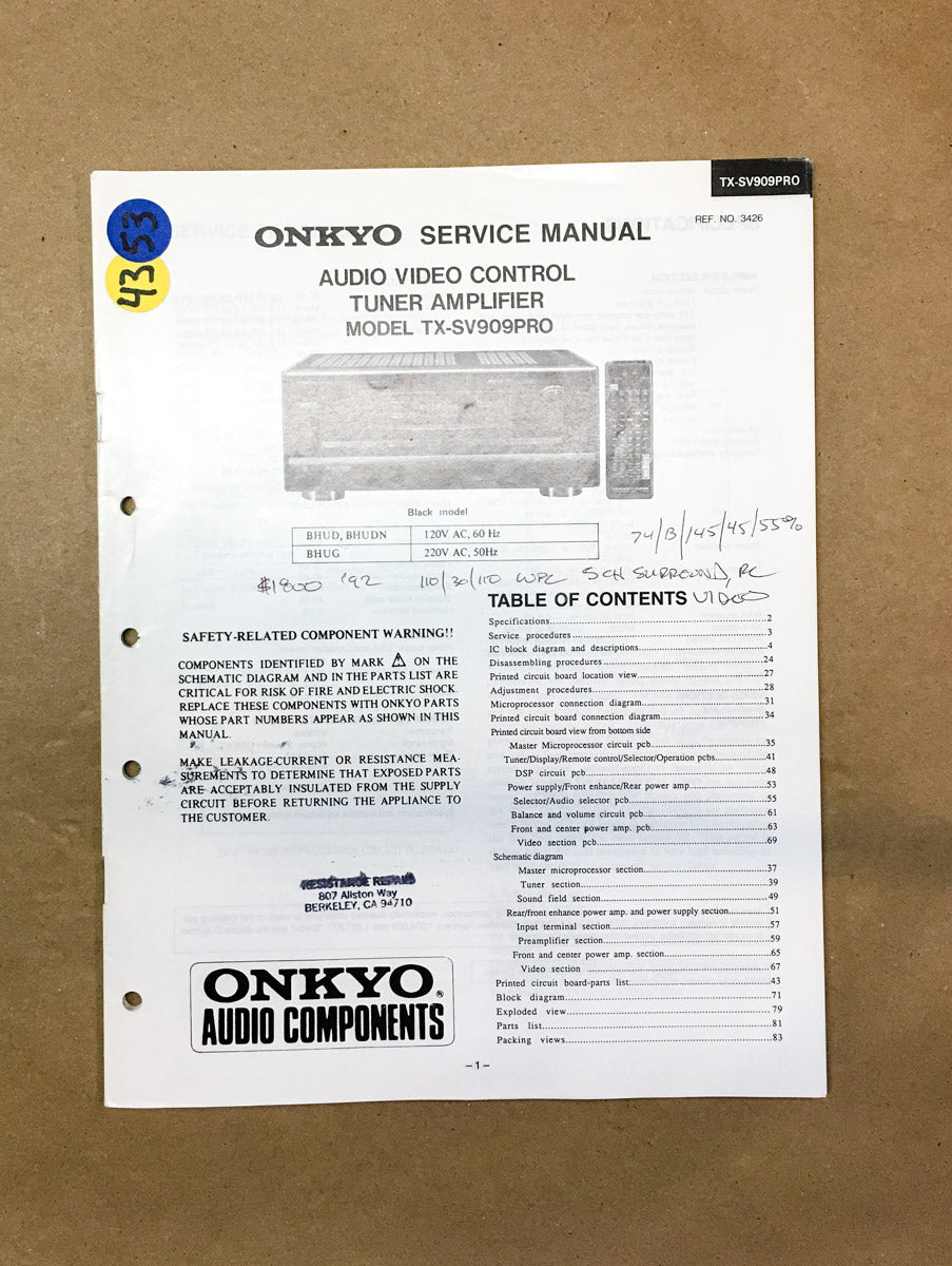 Onkyo TX-SV909PRO Stereo Receiver Service Manual *Original*