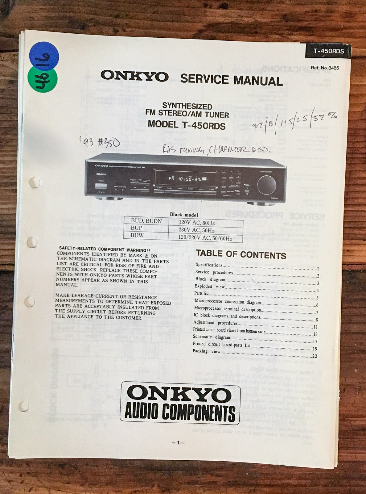 Onkyo T-450 RDS -450RDS Tuner Service Manual *Original*