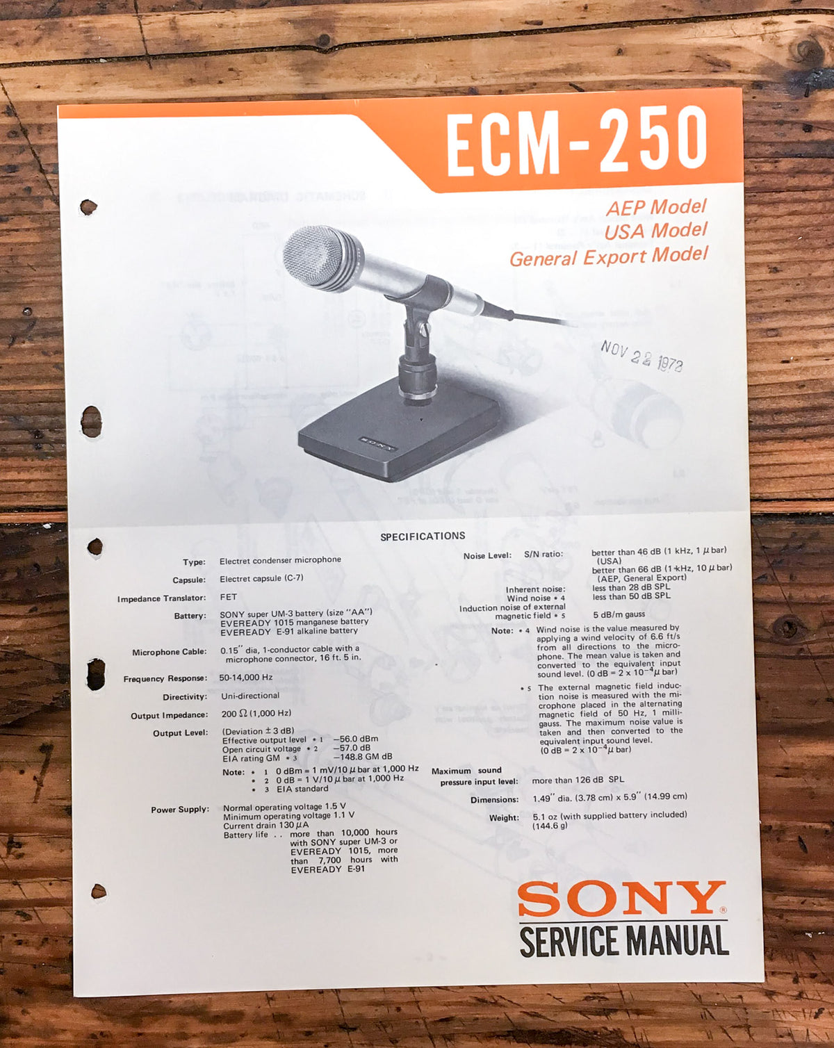 Sony ECM-250 Microphone Service Manual *Original*