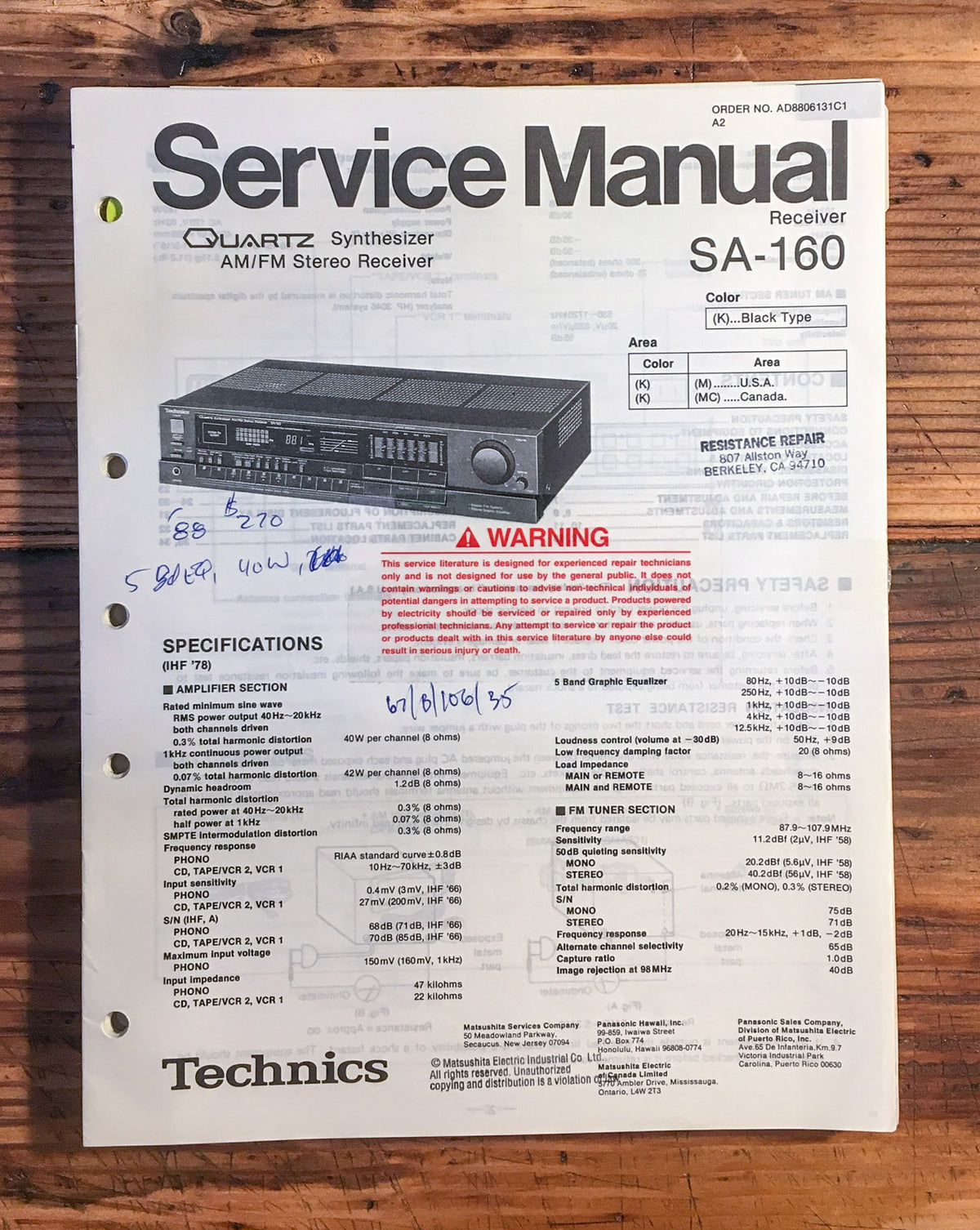 Technics SA-160 Receiver Service Manual *Original*