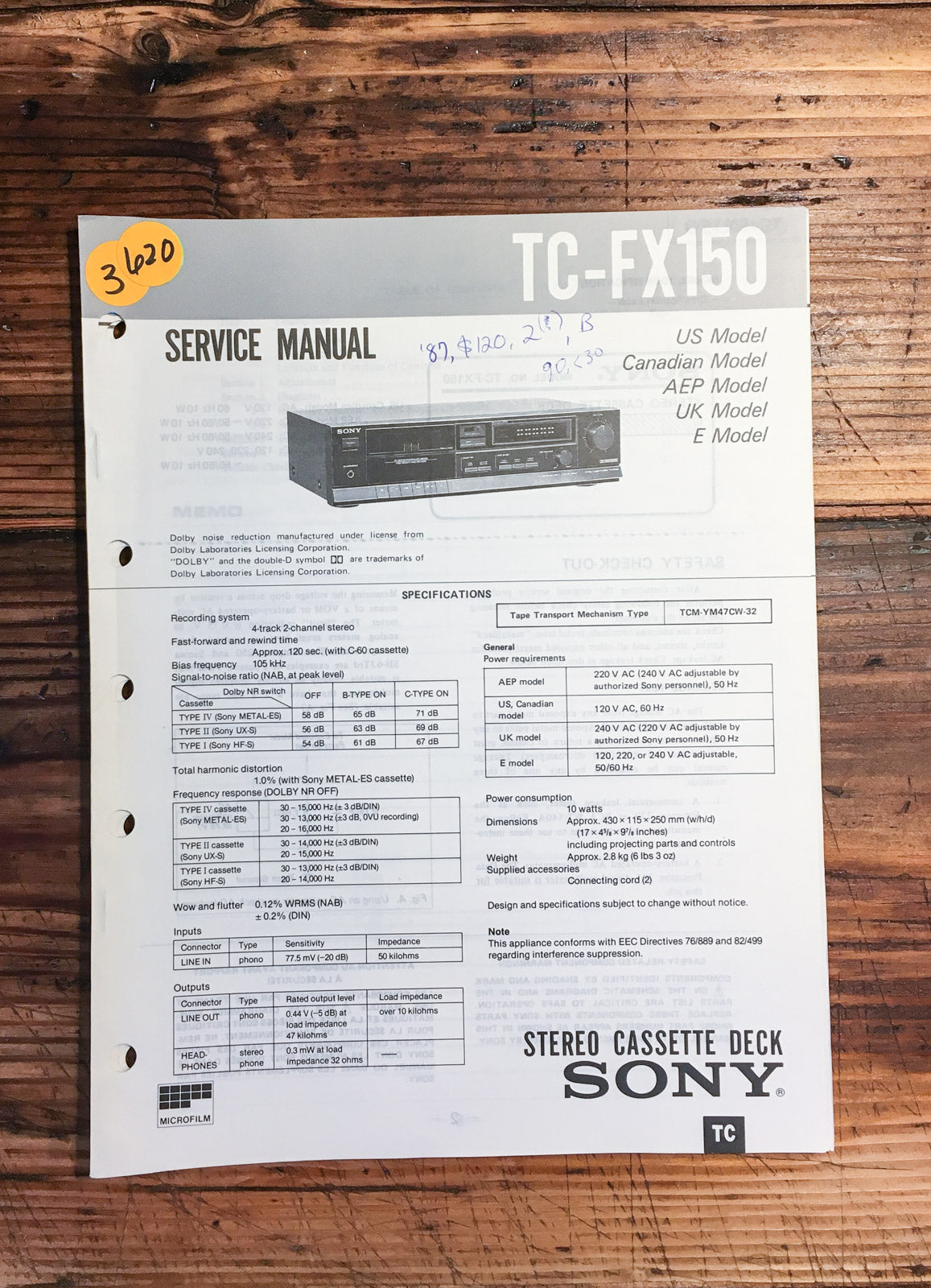 Sony TC-FX150 Cassette Deck Service Manual *Original*
