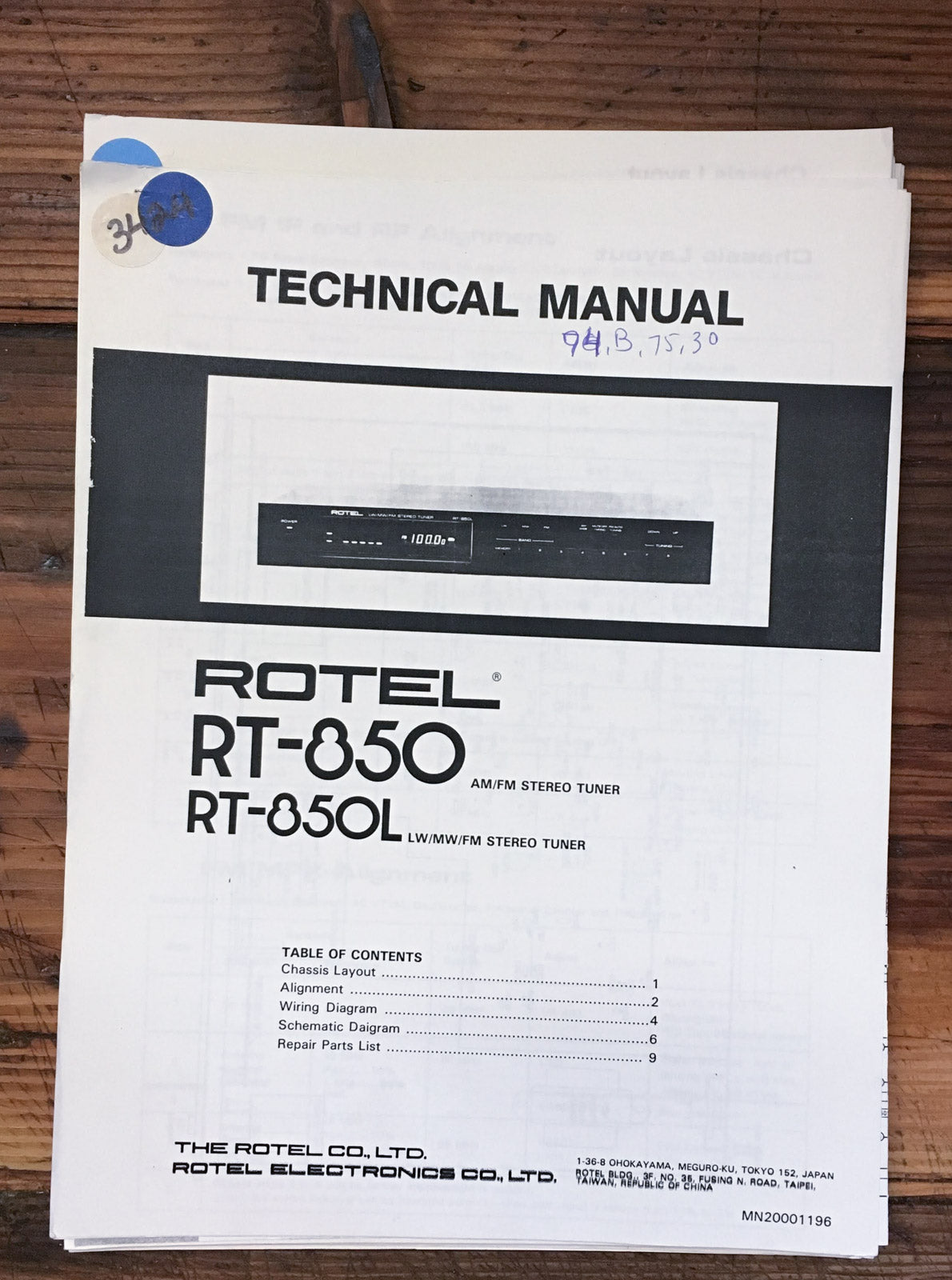 Rotel RT-850 RT-850L Tuner Service Manual *Original*