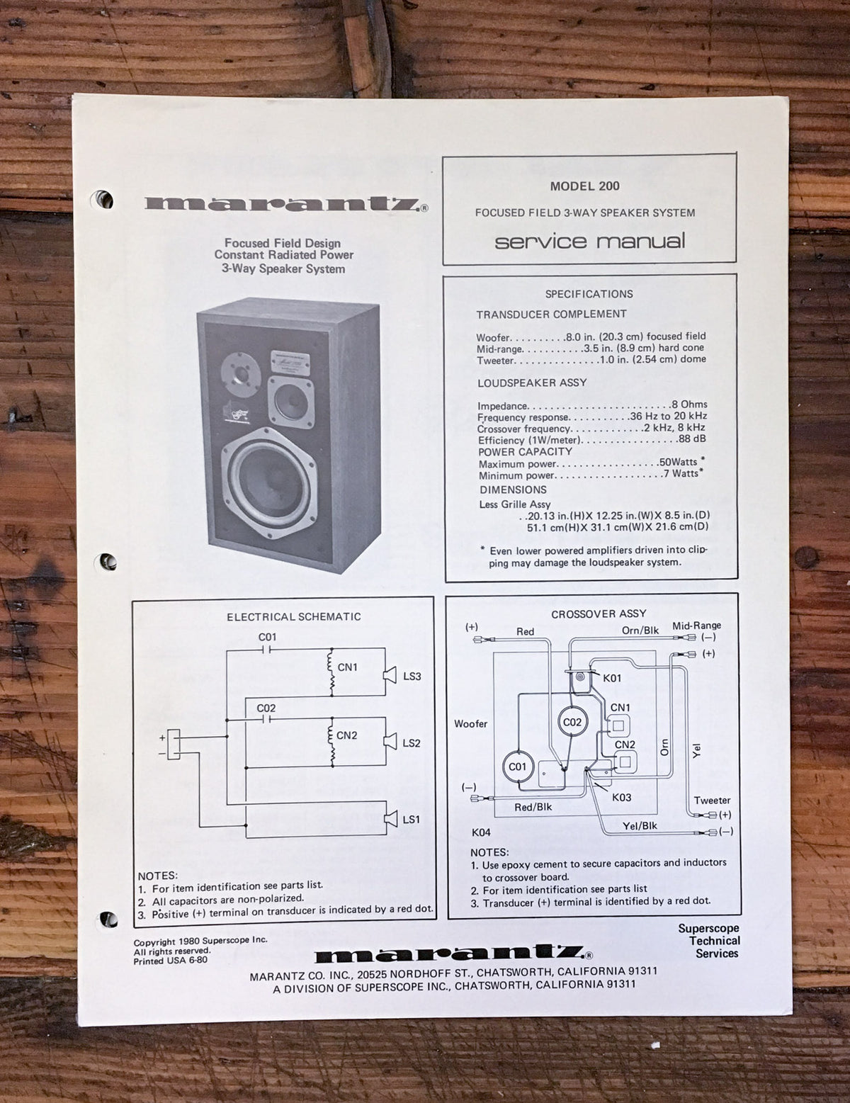 Marantz Model 200 Speaker Service Sheet *Original*