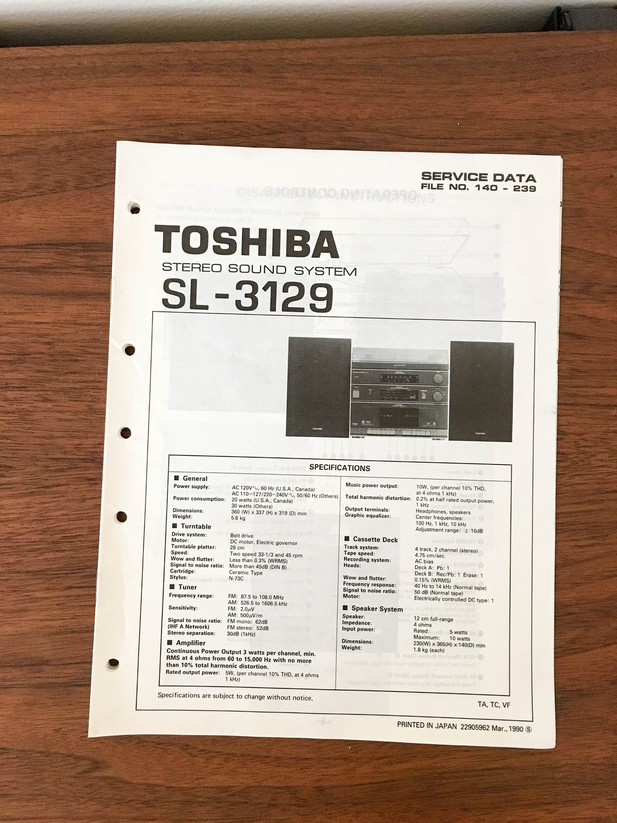 Toshiba SL-3129 STEREO Service Manual *Original*