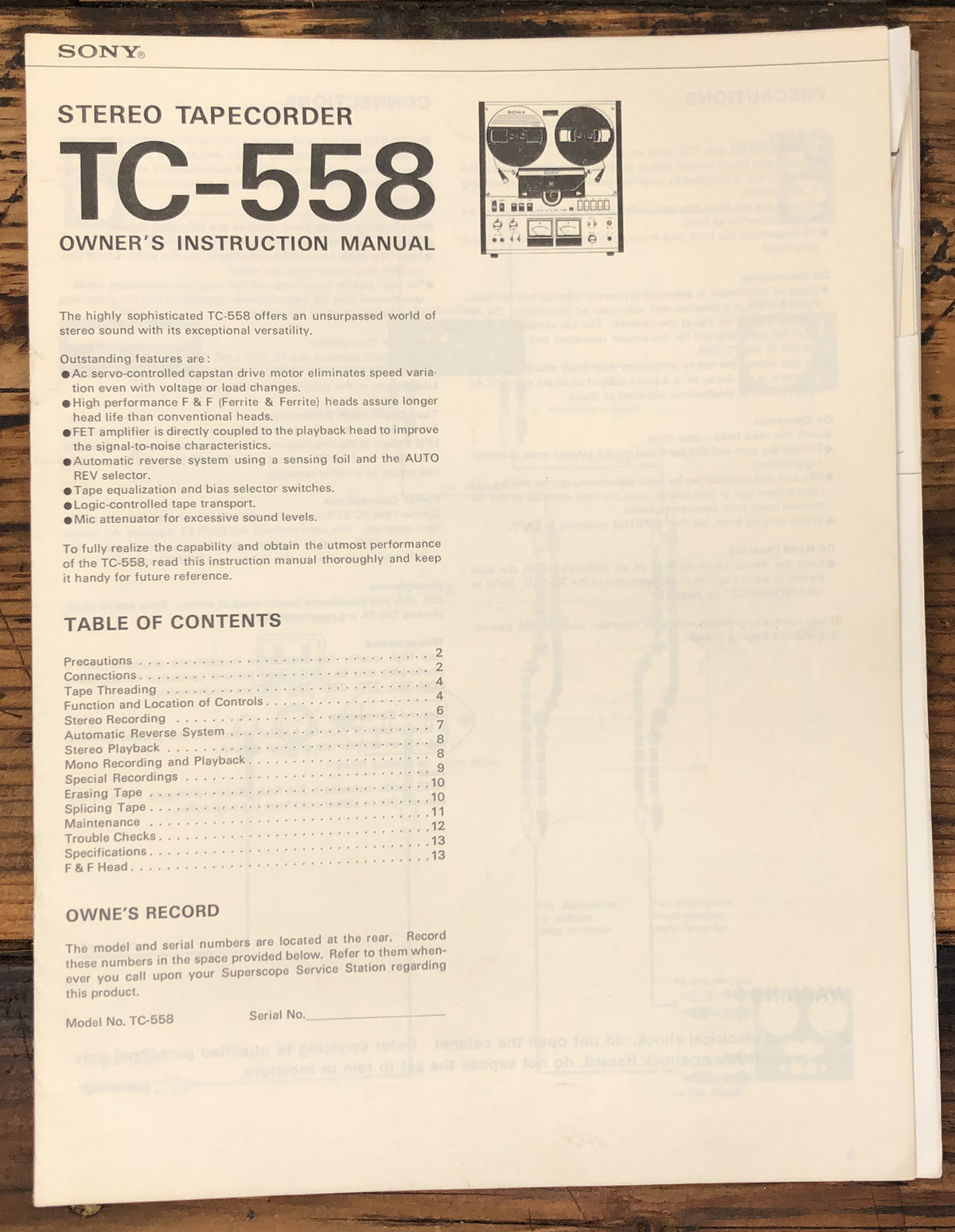Sony TC-558 Reel to Reel Owner / User Manual *Original*