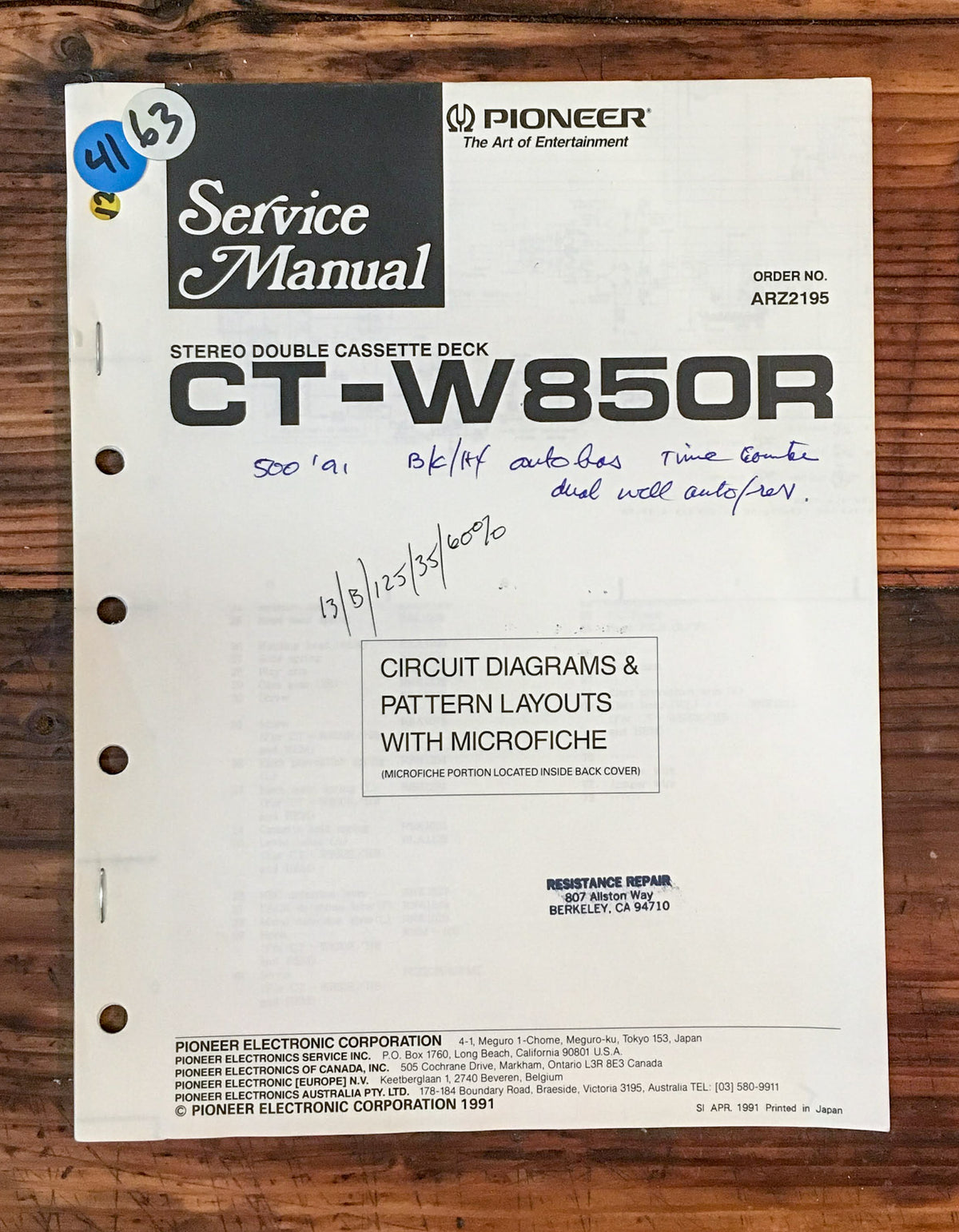 Pioneer CT-W850R Cassette Deck Service Manual *Original*