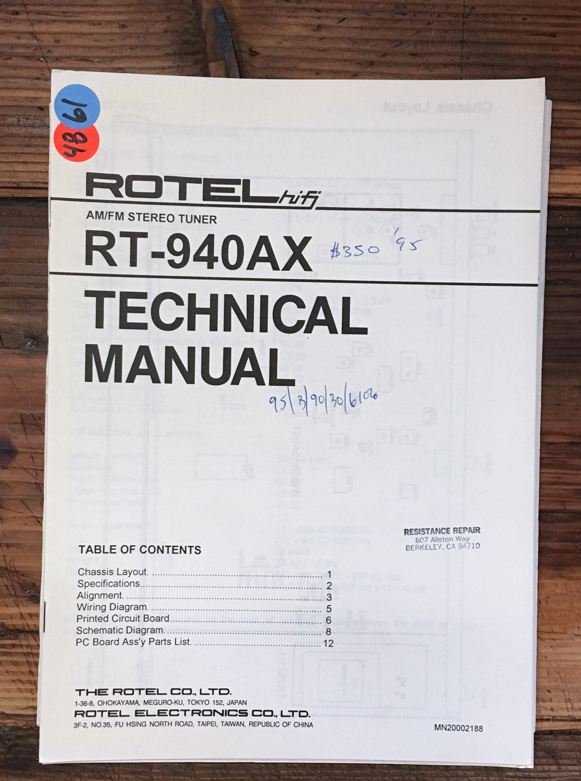 Rotel RT-940AX Tuner Service Manual *Original*