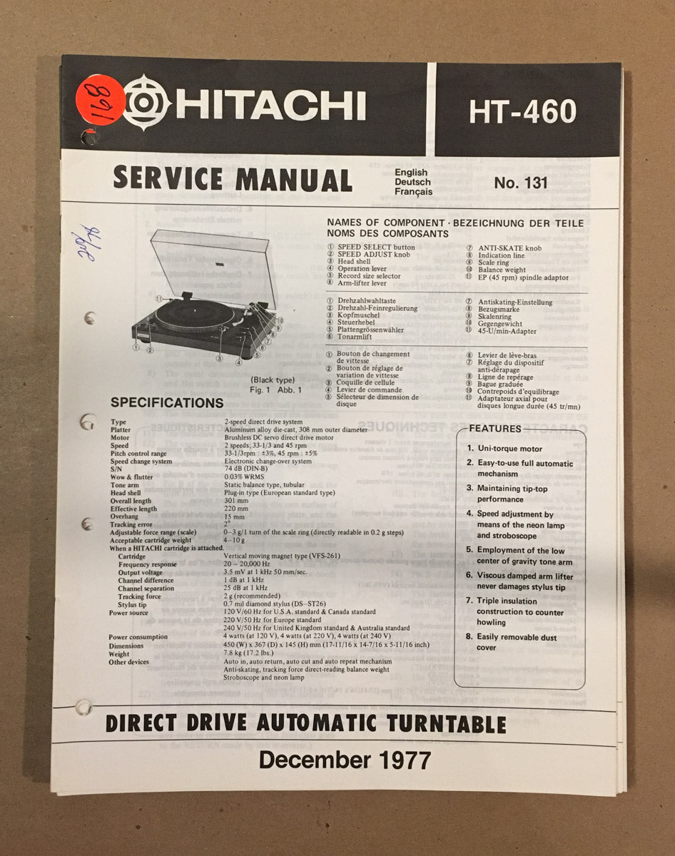 Hitachi HT-460 Record Player / Turntable Service Manual *Original*