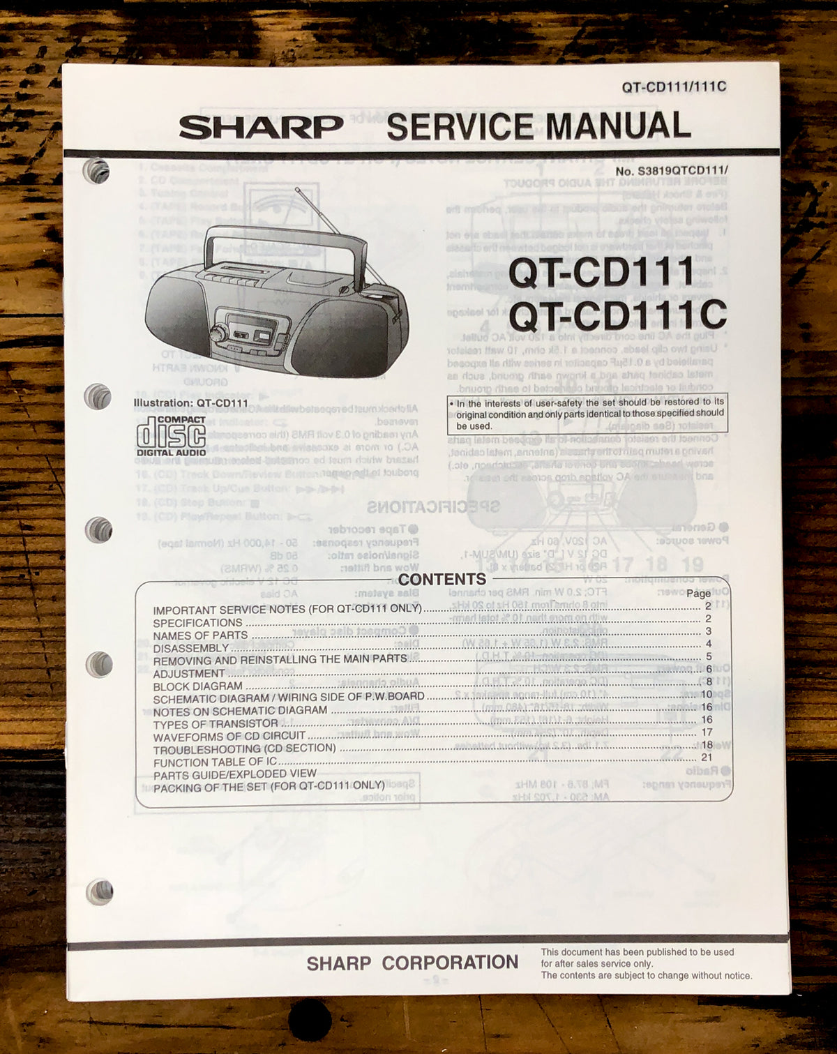 Sharp QT-CD111 QT-CD111C Radio Service Manual *Original*