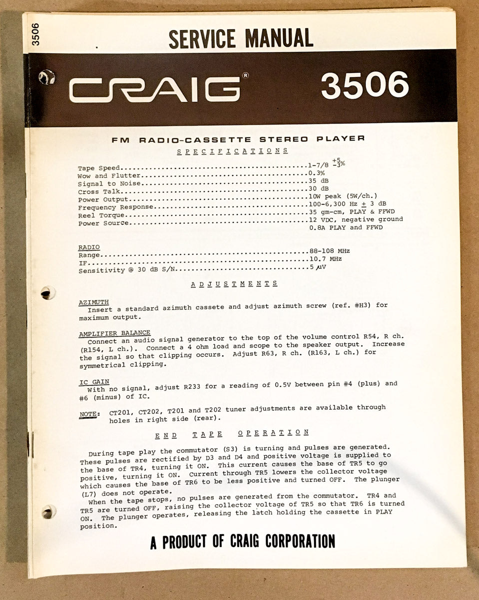Craig Model 3506 8 Track Stereo Service Manual *Original*