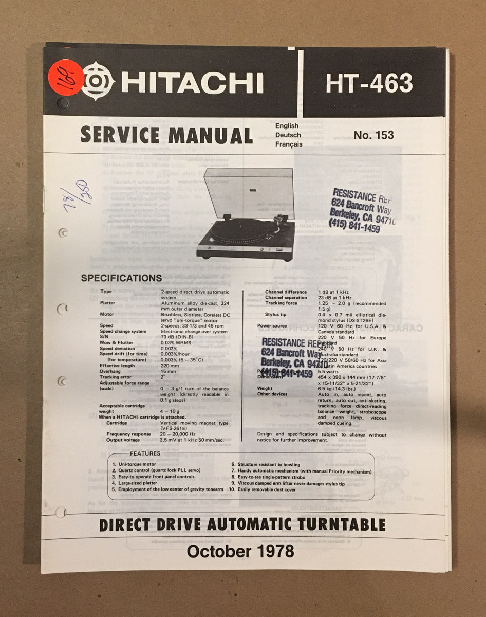 Hitachi HT-463 Record Player / Turntable Service Manual *Original*