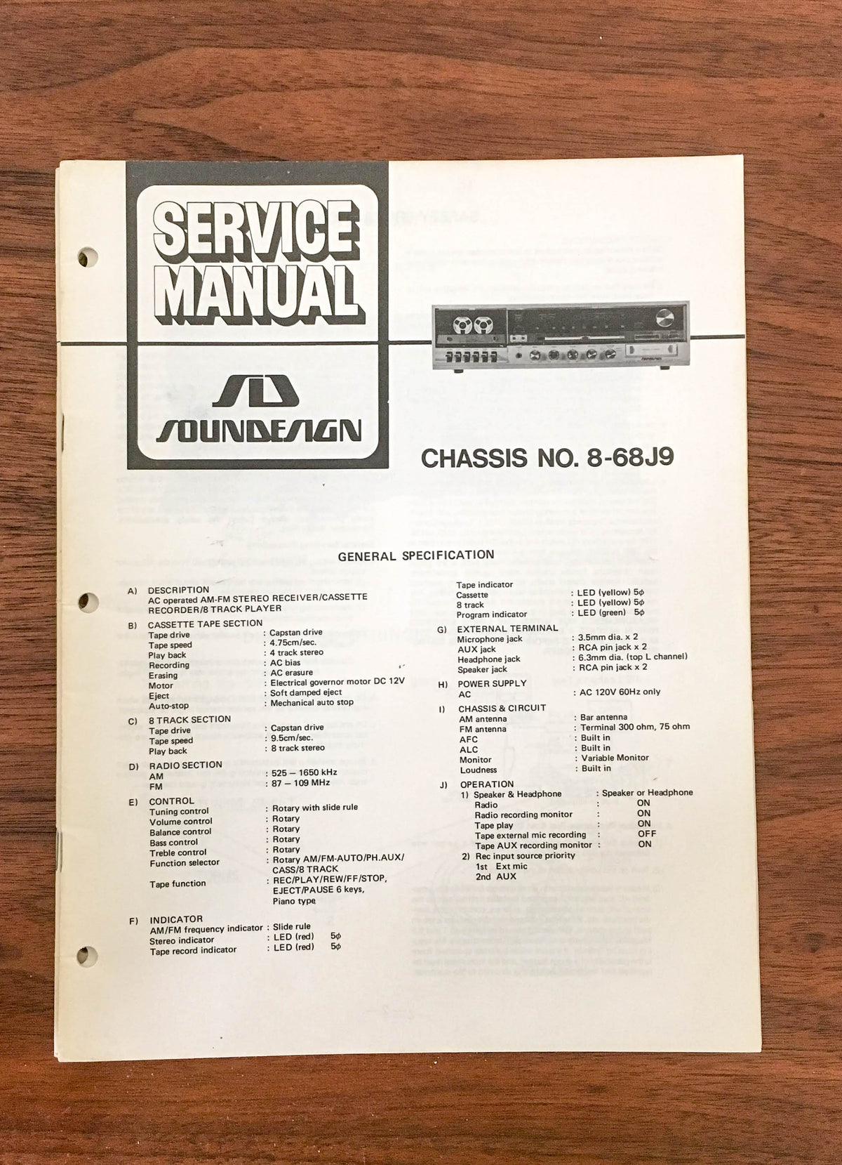 SoundDesign Sound Design Model 8-68J9 Stereo Service Manual *Original*