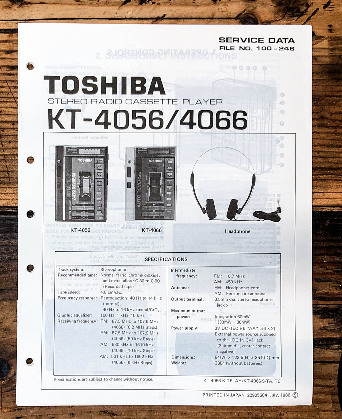 Toshiba KT-4056 KT-4066 Cassette Player Service Manual *Original*