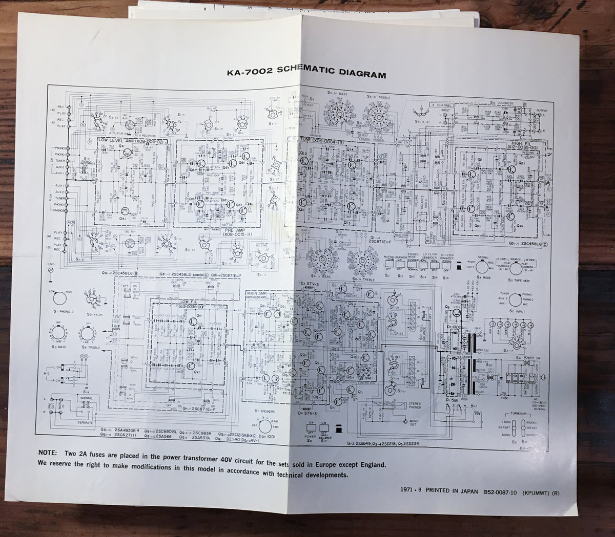 Kenwood KA-7002 Amplifier Large Fold Out Schematic Sheet *Original*