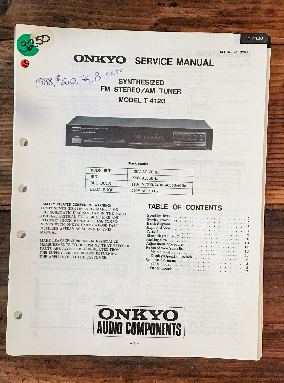 Onkyo T-4120 Tuner Service Manual *Original*