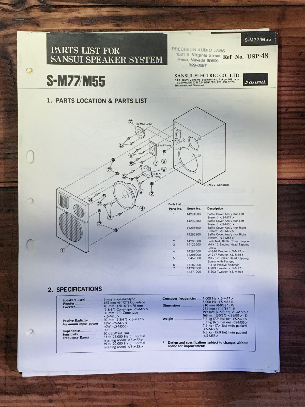 Sansui SP-M77 S-M55 Speaker Parts List Manual *Original*